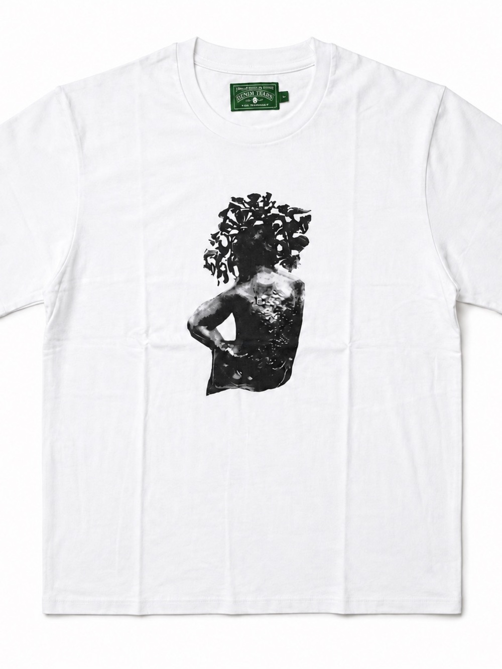 Denim Tears White Short-Sleeve Graphic Tee with Black Art Motif